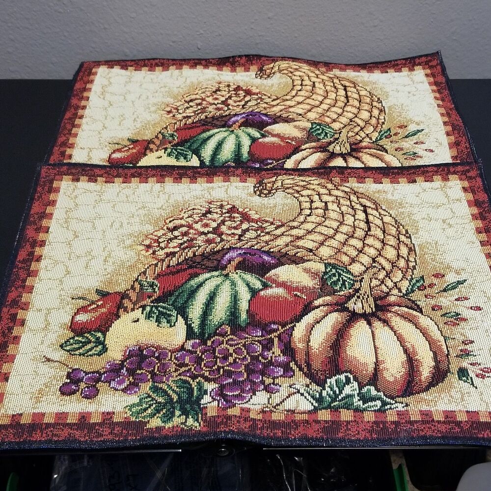 Placemats Set of 2 Cornucopia Thanksgiving Fall Harvest Tapestry Vintage Autumn
